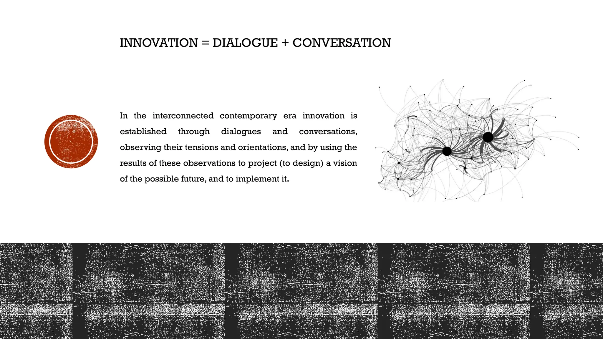 INNOVATION = DIALOGUE + CONVERSATION
In the interconnected contemporary era innovation is
established through dialogues and conversations,
observing their tensions and orientations, and by using the
results of these observations to project (to design) a vision
of the possible future, and to implement it.
 
