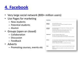 4. FacebookVery large social network (800+ million users)Use Pages for marketingNew studentsPotential studentsAlumniGroups (open or closed)CollaborationDiscussionFeedbackAdvertsPromoting courses, events etc