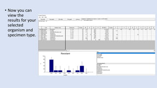 • Now you can
view the
results for your
selected
organism and
specimen type.
 