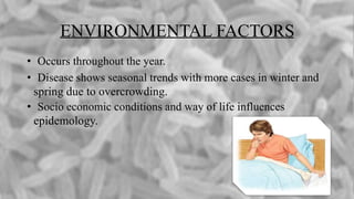 ENVIRONMENTAL FACTORS
• Occurs throughout the year.
• Disease shows seasonal trends with more cases in winter and
spring due to overcrowding.
• Socio economic conditions and way of life influences
epidemology.
 