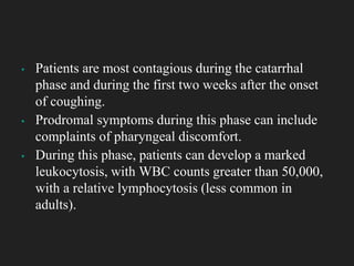 ▪ Patients are most contagious during the catarrhal
phase and during the first two weeks after the onset
of coughing.
▪ Prodromal symptoms during this phase can include
complaints of pharyngeal discomfort.
▪ During this phase, patients can develop a marked
leukocytosis, with WBC counts greater than 50,000,
with a relative lymphocytosis (less common in
adults).
 