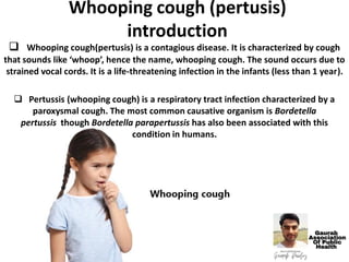 Whooping cough (pertusis)
introduction
 Whooping cough(pertusis) is a contagious disease. It is characterized by cough
that sounds like ‘whoop’, hence the name, whooping cough. The sound occurs due to
strained vocal cords. It is a life-threatening infection in the infants (less than 1 year).
 Pertussis (whooping cough) is a respiratory tract infection characterized by a
paroxysmal cough. The most common causative organism is Bordetella
pertussis though Bordetella parapertussis has also been associated with this
condition in humans.
 