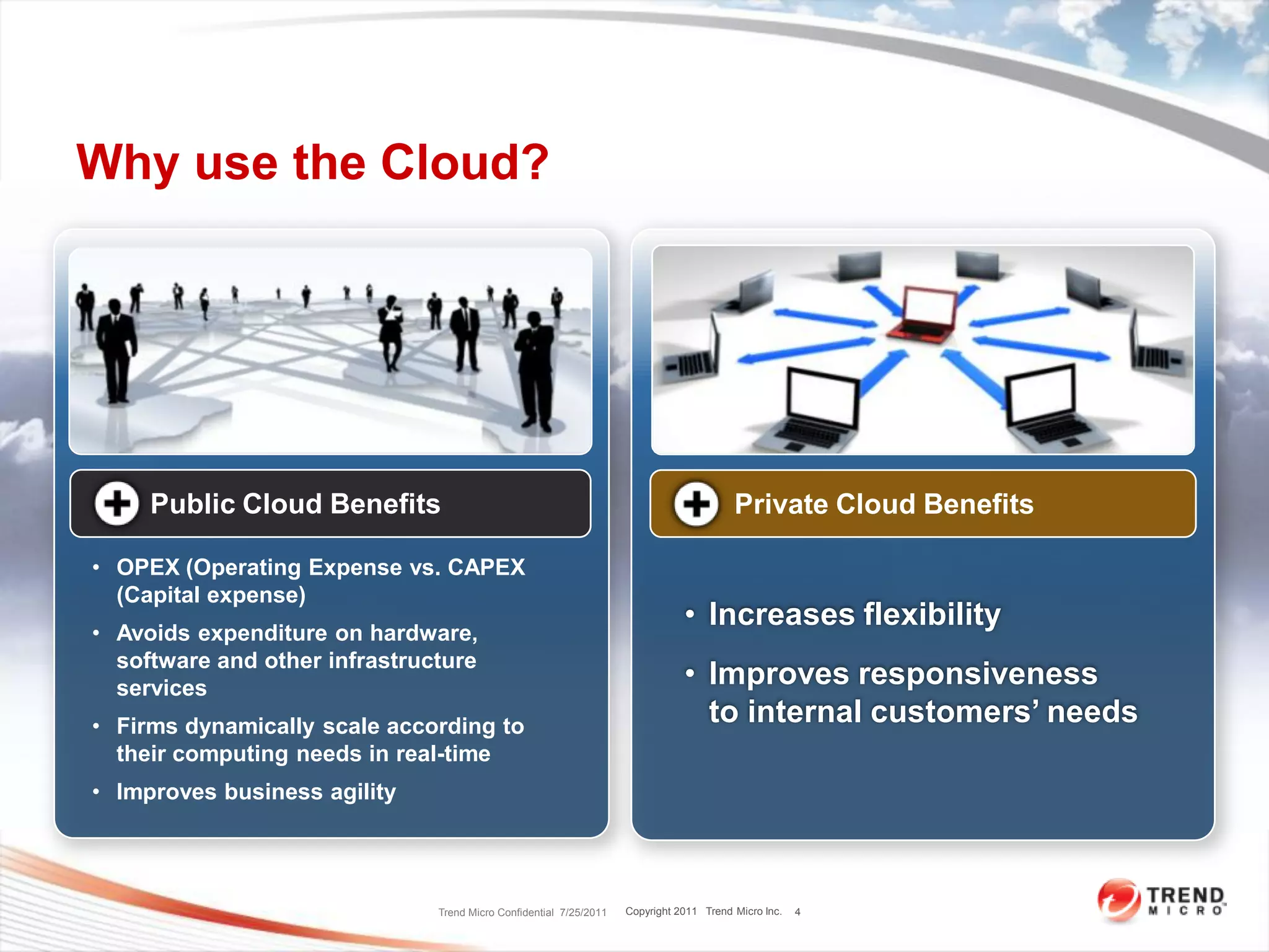 Why use the Cloud?




     Public Cloud Benefits                                                               Private Cloud Benefits

• OPEX (Operating Expense vs. CAPEX
  (Capital expense)
• Avoids expenditure on hardware,
                                                                               • Increases flexibility
  software and other infrastructure
  services
                                                                               • Improves responsiveness
• Firms dynamically scale according to
                                                                                 to internal customers’ needs
  their computing needs in real-time
• Improves business agility




                               Trend Micro Confidential 7/25/2011   Copyright 2011 Trend Micro Inc.   4
 