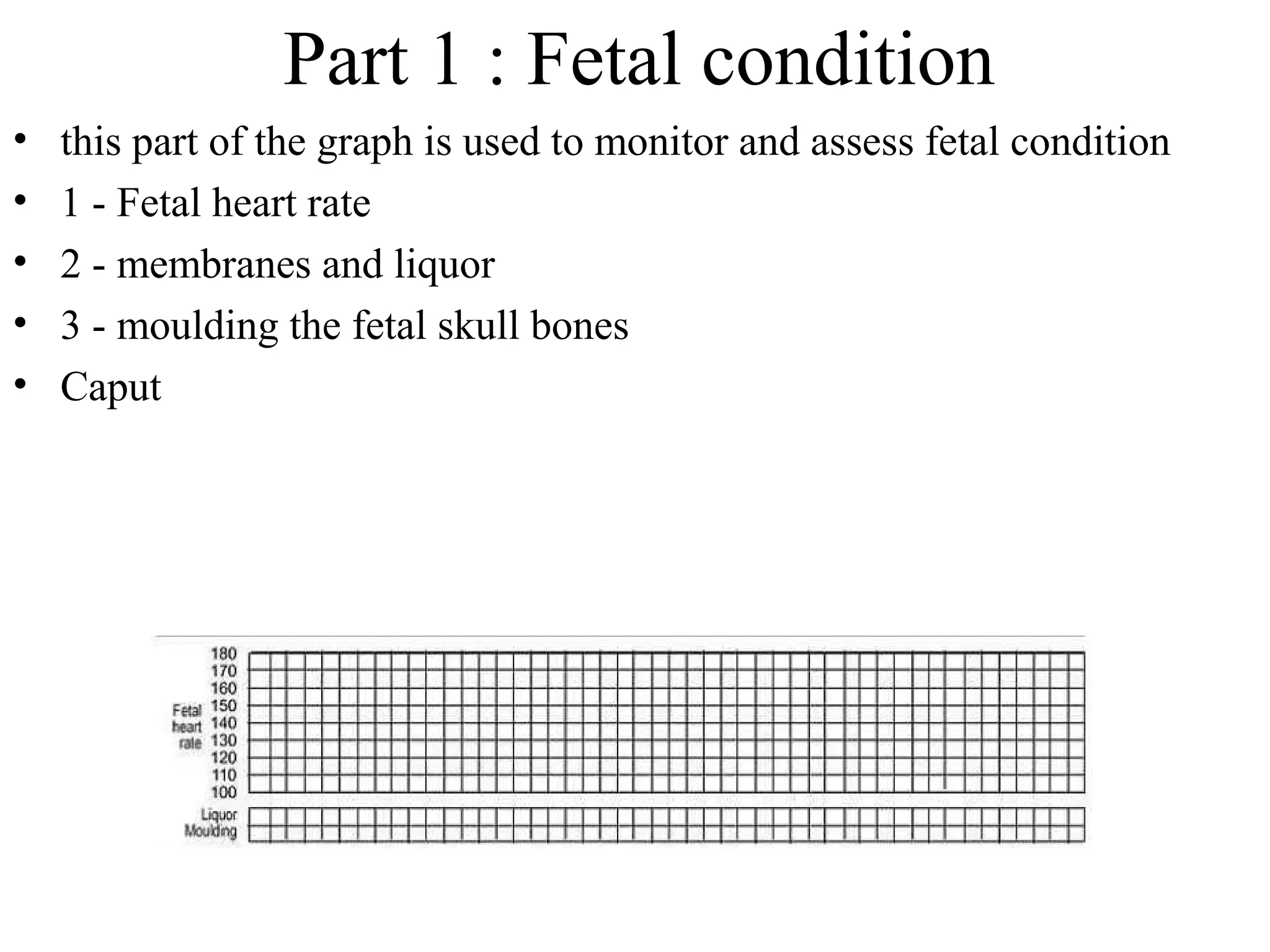 Part 1 : Fetal condition
• this part of the graph is used to monitor and assess fetal condition
• 1 - Fetal heart rate
• 2 - membranes and liquor
• 3 - moulding the fetal skull bones
• Caput
 