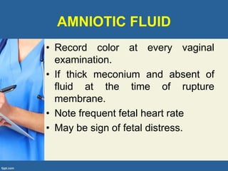 AMNIOTIC FLUID
• Record color at every vaginal
examination.
• If thick meconium and absent of
fluid at the time of rupture
membrane.
• Note frequent fetal heart rate
• May be sign of fetal distress.
 