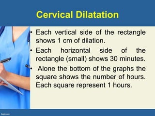Cervical Dilatation
• Each vertical side of the rectangle
shows 1 cm of dilation.
• Each horizontal side of the
rectangle (small) shows 30 minutes.
• Alone the bottom of the graphs the
square shows the number of hours.
Each square represent 1 hours.
 