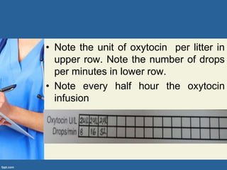 • Note the unit of oxytocin per litter in
upper row. Note the number of drops
per minutes in lower row.
• Note every half hour the oxytocin
infusion
 