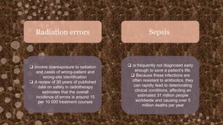 Radiation errors Sepsis
 involve overexposure to radiation
and cases of wrong-patient and
wrong-site identification
 A review of 30 years of published
data on safety in radiotherapy
estimates that the overall
incidence of errors is around 15
per 10 000 treatment courses
 is frequently not diagnosed early
enough to save a patient’s life.
 Because these infections are
often resistant to antibiotics, they
can rapidly lead to deteriorating
clinical conditions, affecting an
estimated 31 million people
worldwide and causing over 5
million deaths per year
 