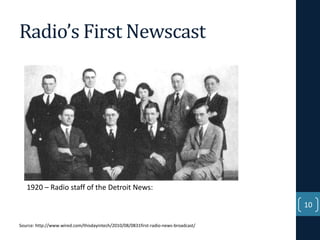Radio’s First Newscast

1920 – Radio staff of the Detroit News:
10
Source: http://www.wired.com/thisdayintech/2010/08/0831first-radio-news-broadcast/

 