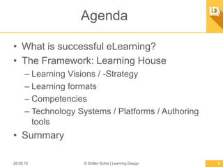 Agenda
•  What is successful eLearning?
•  The Framework: Learning House
– Learning Visions / -Strategy
– Learning formats
– Competencies
– Technology Systems / Platforms / Authoring tools
•  Summary
26.02.15 © Stoller-Schai | Learning Design 3
 