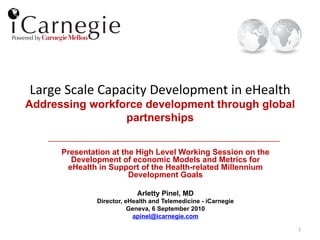 Large	
  Scale	
  Capacity	
  Development	
  in	
  eHealth	
  	
  
Addressing workforce development through global
                 partnerships 	
  


       Presentation at the High Level Working Session on the
         Development of economic Models and Metrics for
        eHealth in Support of the Health-related Millennium
                         Development Goals

                             Arletty Pinel, MD
                Director, eHealth and Telemedicine - iCarnegie
                           Geneva, 6 September 2010
                            apinel@icarnegie.com

                                                                     1	
  
 