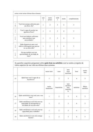 certas coisas nestas últimas duas semanas.
nad
a
muito
pouco
médi
o
muito completamente
1
0
Você tem energia suficiente para
seu dia-a- dia?
1 2 3 4 5
1
1
Você é capaz de aceitar sua
aparência física?
1 2 3 4 5
1
2
Você tem dinheiro suficiente
para satisfazer suas
necessidades?
1 2 3 4 5
1
3
Quão disponíveis para você
estão as informações que precisa
no seu dia-a-dia?
1 2 3 4 5
1
4
Em que medida você tem
oportunidades de atividade de
lazer?
1 2 3 4 5
As questões seguintes perguntam sobre quão bem ou satisfeito você se sentiu a respeito de
vários aspectos de sua vida nas últimas duas semanas.
muito ruim ruim
nem
ruim
nem bom
bom
muito
bom
15
Quão bem você é capaz de se
locomover?
1 2 3 4 5
muito
insatisfeito
Insatisfeito
nem
satisfeito
nem
insatisfei
to
satisfeito
Muito
satisfeito
16
Quão satisfeito(a) você está com o seu
sono?
1 2 3 4 5
17
Quão satisfeito(a) você está com sua
capacidade de desempenhar as
atividades do seu dia-a-dia?
1 2 3 4 5
18
Quão satisfeito(a) você está com sua
capacidade para o trabalho?
1 2 3 4 5
19
Quão satisfeito(a) você está consigo
mesmo?
1 2 3 4 5
 