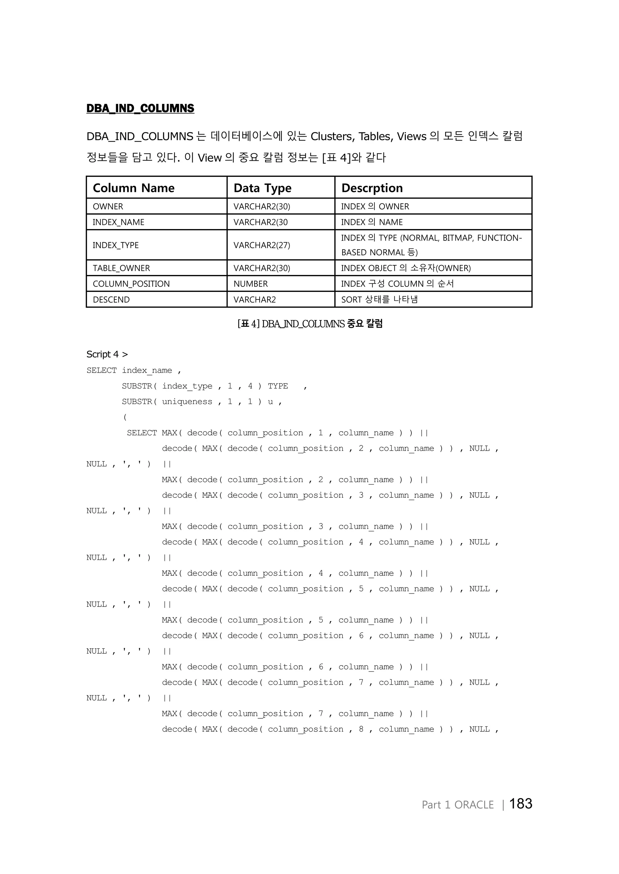 Part 1 ORACLE │183 DBA_IND_COLUMNS DBA_IND_COLUMNS 는 데이터베이스에 있는 Clusters, Tables, Views 의 모든 인덱스 칼럼 정보들을 담고 있다. 이 View 의 중요 칼럼 정보는 [표 4]와 같다 Column Name Data Type Descrption OWNER VARCHAR2(30) INDEX 의 OWNER INDEX_NAME VARCHAR2(30 INDEX 의 NAME INDEX_TYPE VARCHAR2(27) INDEX 의 TYPE (NORMAL, BITMAP, FUNCTION- BASED NORMAL 등) TABLE_OWNER VARCHAR2(30) INDEX OBJECT 의 소유자(OWNER) COLUMN_POSITION NUMBER INDEX 구성 COLUMN 의 순서 DESCEND VARCHAR2 SORT 상태를 나타냄 [표 4] DBA_IND_COLUMNS 중요 칼럼 Script 4 > SELECT index_name , SUBSTR( index_type , 1 , 4 ) TYPE , SUBSTR( uniqueness , 1 , 1 ) u , ( SELECT MAX( decode( column_position , 1 , column_name ) ) || decode( MAX( decode( column_position , 2 , column_name ) ) , NULL , NULL , ', ' ) || MAX( decode( column_position , 2 , column_name ) ) || decode( MAX( decode( column_position , 3 , column_name ) ) , NULL , NULL , ', ' ) || MAX( decode( column_position , 3 , column_name ) ) || decode( MAX( decode( column_position , 4 , column_name ) ) , NULL , NULL , ', ' ) || MAX( decode( column_position , 4 , column_name ) ) || decode( MAX( decode( column_position , 5 , column_name ) ) , NULL , NULL , ', ' ) || MAX( decode( column_position , 5 , column_name ) ) || decode( MAX( decode( column_position , 6 , column_name ) ) , NULL , NULL , ', ' ) || MAX( decode( column_position , 6 , column_name ) ) || decode( MAX( decode( column_position , 7 , column_name ) ) , NULL , NULL , ', ' ) || MAX( decode( column_position , 7 , column_name ) ) || decode( MAX( decode( column_position , 8 , column_name ) ) , NULL , 