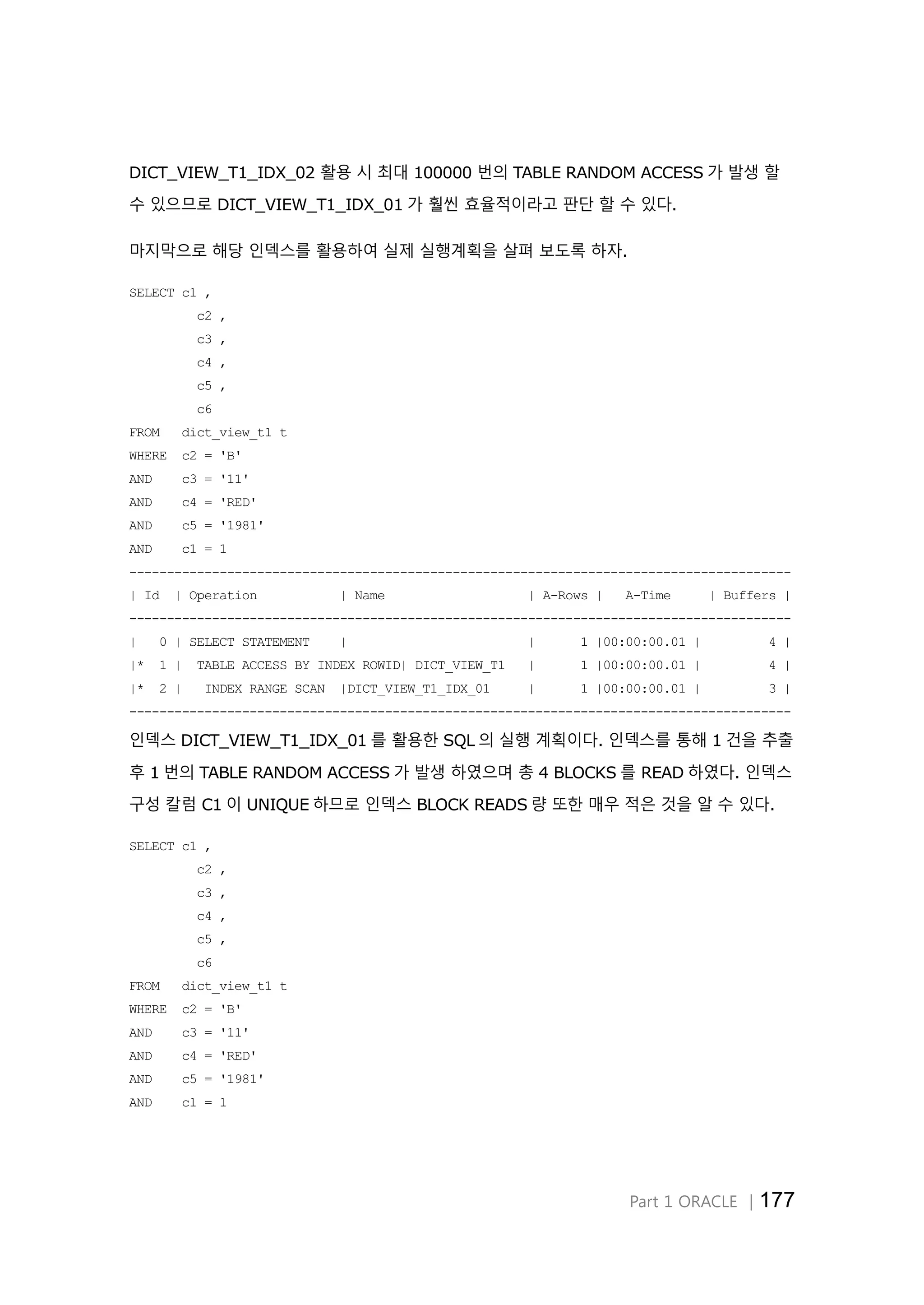 Part 1 ORACLE │177 DICT_VIEW_T1_IDX_02 활용 시 최대 100000 번의 TABLE RANDOM ACCESS 가 발생 할 수 있으므로 DICT_VIEW_T1_IDX_01 가 훨씬 효율적이라고 판단 할 수 있다. 마지막으로 해당 인덱스를 활용하여 실제 실행계획을 살펴 보도록 하자. SELECT c1 , c2 , c3 , c4 , c5 , c6 FROM dict_view_t1 t WHERE c2 = 'B' AND c3 = '11' AND c4 = 'RED' AND c5 = '1981' AND c1 = 1 ---------------------------------------------------------------------------------------- | Id | Operation | Name | A-Rows | A-Time | Buffers | ---------------------------------------------------------------------------------------- | 0 | SELECT STATEMENT | | 1 |00:00:00.01 | 4 | |* 1 | TABLE ACCESS BY INDEX ROWID| DICT_VIEW_T1 | 1 |00:00:00.01 | 4 | |* 2 | INDEX RANGE SCAN |DICT_VIEW_T1_IDX_01 | 1 |00:00:00.01 | 3 | ---------------------------------------------------------------------------------------- 인덱스 DICT_VIEW_T1_IDX_01 를 활용한 SQL 의 실행 계획이다. 인덱스를 통해 1 건을 추출 후 1 번의 TABLE RANDOM ACCESS 가 발생 하였으며 총 4 BLOCKS 를 READ 하였다. 인덱스 구성 칼럼 C1 이 UNIQUE 하므로 인덱스 BLOCK READS 량 또한 매우 적은 것을 알 수 있다. SELECT c1 , c2 , c3 , c4 , c5 , c6 FROM dict_view_t1 t WHERE c2 = 'B' AND c3 = '11' AND c4 = 'RED' AND c5 = '1981' AND c1 = 1 