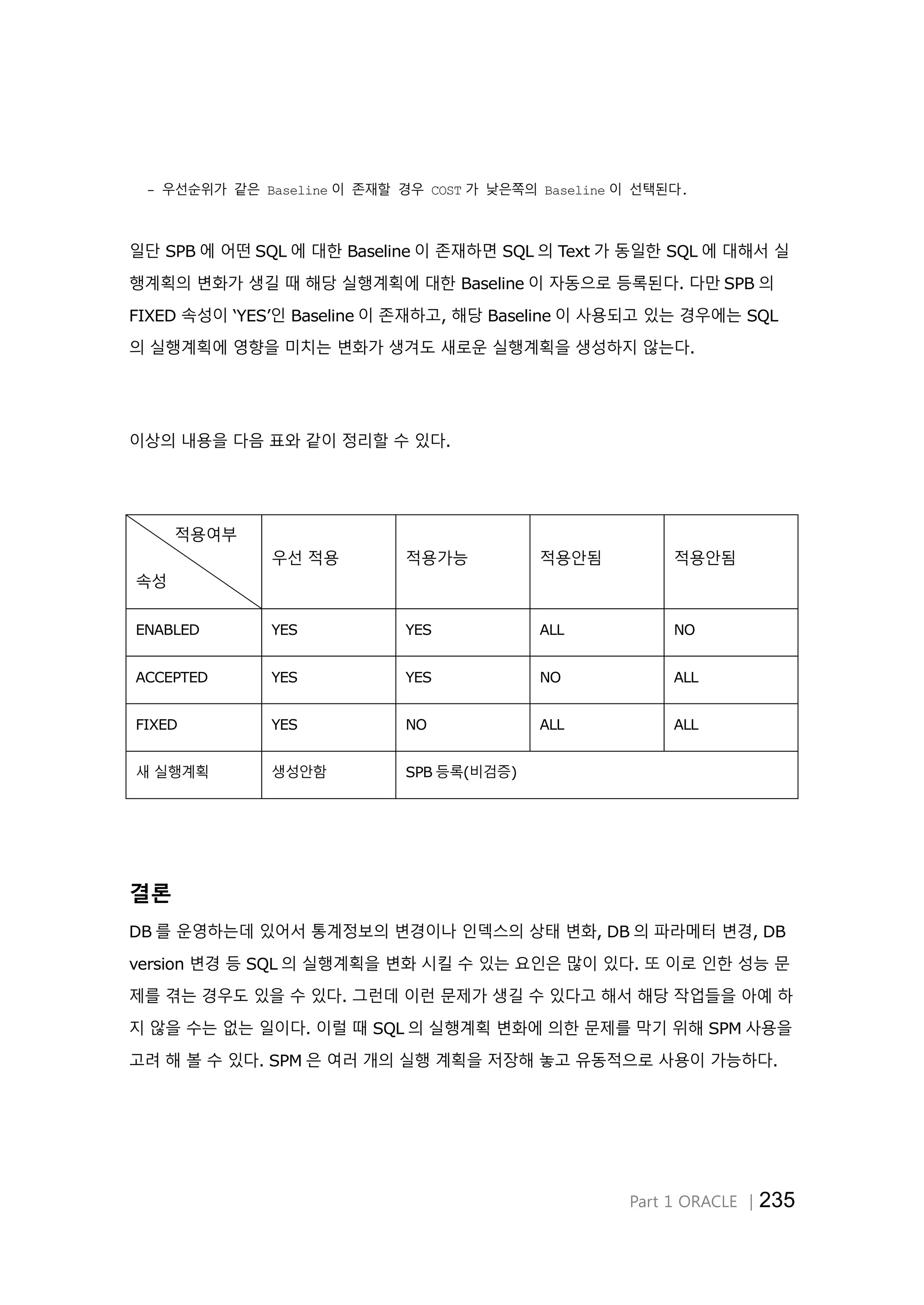 Part 1 ORACLE │235
- 우선순위가 같은 Baseline 이 존재할 경우 COST 가 낮은쪽의 Baseline 이 선택된다.
일단 SPB 에 어떤 SQL 에 대한 Baseline 이 존재하면 SQL 의 Text 가 동일한 SQL 에 대해서 실
행계획의 변화가 생길 때 해당 실행계획에 대한 Baseline 이 자동으로 등록된다. 다만 SPB 의
FIXED 속성이 ‘YES’인 Baseline 이 존재하고, 해당 Baseline 이 사용되고 있는 경우에는 SQL
의 실행계획에 영향을 미치는 변화가 생겨도 새로운 실행계획을 생성하지 않는다.
이상의 내용을 다음 표와 같이 정리할 수 있다.
적용여부
속성
우선 적용 적용가능 적용안됨 적용안됨
ENABLED YES YES ALL NO
ACCEPTED YES YES NO ALL
FIXED YES NO ALL ALL
새 실행계획 생성안함 SPB 등록(비검증)
결론
DB 를 운영하는데 있어서 통계정보의 변경이나 인덱스의 상태 변화, DB 의 파라메터 변경, DB
version 변경 등 SQL 의 실행계획을 변화 시킬 수 있는 요인은 많이 있다. 또 이로 인한 성능 문
제를 겪는 경우도 있을 수 있다. 그런데 이런 문제가 생길 수 있다고 해서 해당 작업들을 아예 하
지 않을 수는 없는 일이다. 이럴 때 SQL 의 실행계획 변화에 의한 문제를 막기 위해 SPM 사용을
고려 해 볼 수 있다. SPM 은 여러 개의 실행 계획을 저장해 놓고 유동적으로 사용이 가능하다.
 