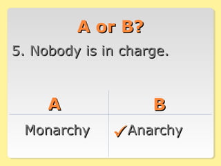 A or B?A or B?
5. Nobody is in charge.5. Nobody is in charge.
AA BB
MonarchyMonarchy AnarchyAnarchy
 