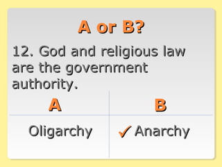 A or B?A or B?
12. God and religious law12. God and religious law
are the governmentare the government
authority.authority.
AA BB
OligarchyOligarchy AnarchyAnarchy
 