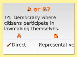 A or B?A or B?
14. Democracy where14. Democracy where
citizens participate incitizens participate in
lawmaking themselves.lawmaking themselves.
AA BB
DirectDirect RepresentativeRepresentative
 