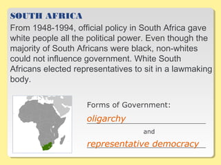 SOUTH AFRICA
From 1948-1994, official policy in South Africa gave
white people all the political power. Even though the
majority of South Africans were black, non-whites
could not influence government. White South
Africans elected representatives to sit in a lawmaking
body.
Forms of Government:
__________________________________
and
__________________________________
oligarchy
representative democracy
 