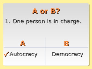 A or B?A or B?
1. One person is in charge.1. One person is in charge.
AA BB
AutocracyAutocracy DemocracyDemocracy
 