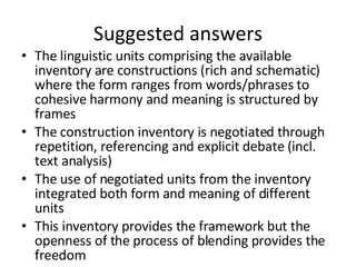 Suggested answers <ul><li>The linguistic units comprising the available inventory are constructions (rich and schematic) w...