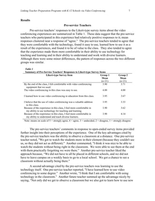 Linking Teacher Preparation Programs with K-12 Schools via Video Conferencing                             7


Results
                                          Pre-service Teachers
        Pre-service teachers’ responses to the Likert-type survey items about the video
conferencing experiences are summarized in Table 1. These data suggest that the pre-service
teachers who participated in this experience had relatively positive responses to it; mean
responses clustered near a response of "agree.” The pre-service teachers tended to agree that
they were comfortable with the technology, found it easy to use, learned how to use it as a
result of the experiences, and found it to be of value to the class. They also tended to agree
that the experience made them more comfortable in their ability to use technology for
teaching and learning and in their ability to understand and work with diverse learners.
Although there were some minor differences, the pattern of responses across the two different
groups was similar.

    Table 1
    Summary of Pre-Service Teachers' Responses to Likert-type Survey Items
                         Likert-type Survey Item                       Group 1                  Group 2
                                                                        Mean                     Mean
                                                                        (n=21)                   (n=21)
   By the end of the class, I felt comfortable with video conferencing   3.90                     3.71
     equipment that we used.
   The video conferencing in this class was easy to use.                 4.00                     4.00

   I learned how to use video conferencing in education from this class.        3.95              3.67

   I believe that the use of video conferencing was a valuable addition         3.95              3.33
      to this class.
   Because of the experience in this class, I feel more comfortable in          3.90              3.62
      my ability to use technology for teaching and learning.
   Because of the experience in this class, I feel more comfortable in          3.90              4.14
      my ability to understand and teach diverse learners.
   Note: means on scale of 5 = strongly agree, 4 = agree, 3 = undecided, 2 = disagree, 1 = strongly disagree


        The pre-service teachers’ comments in response to open-ended survey items provided
further insight into their perceptions of the experience. One of the key advantages cited by
the pre-service teachers was the ability to observe a classroom at a distance. One pre-service
teacher noted, "We got to watch the students more in their element (because they couldn't see
us, so they did not act as different)." Another commented, "I think it was nice to be able to
watch the students without being right in the classroom. We were able to see them at the end
with them practically forgetting we were there.” Another pre-service teacher liked the
approach because, “We did not have to all be placed in different schools, and we did not
have to leave campus on a weekly basis to go to a local school. We got a chance to see a
classroom without actually being there."
        A second advantage cited by the pre-service teachers was learning to use the
technology itself. One pre-service teacher reported, "I have learned how to use video
conferencing to some degree.” Another wrote, “I think that I am comfortable with using
technology in the classroom.” Another future teacher summed up the advantage nicely by
saying, “Not only did we get to observe a classroom but we also got to learn how to use new
 