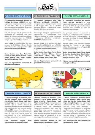 la Guinée bissau et la CEDEAO                   la Guinea bissau nell’ECOWAS                      A Guinée bissau na CEDEAO

La Communauté économique des États de           La Comunità economica degli Stati               A Comunidade Económica dos Estados
l'Afrique de l'Ouest (CEDEAO) est une           dell'Africa occidentale (ECOWAS) è              Oeste Africano (CEDEAO) é uma
organisation intergouvernementale créée le      un'organizzazione intergovernativa creata       organização intergovernamental criada 28
28 mai 1975. Elle est la principale             il 28 maggio 1975. E' la struttura              de maio de 1975. É a principal estrutura
structure destinée à coordonner les actions     principale destinata a coordinare le azioni     projetada para coordenar as ações de
des pays de l’Afrique de l'Ouest.               dei paesi dell'Africa occidentale.              países do Oeste Africano.

Son but principal est de promouvoir la          Il suo scopo principale è promuovere la         Seu principal objetivo é promover a
coopération et l'intégration avec pour          cooperazione       e   l'integrazione con       cooperação e integração com o objectivo
objectif de créer une union économique et       l'obiettivo di creare un’Unione Economica       de criar uma União União Económica e
monétaire ouest-africaine. La CEDEAO            e Monetaria dell'Africa occidentale.            Monetária da África Ocidental. CEDEAO
compte aujourd'hui 15 États membres.            ECOWAS ha 15 Stati membri.                      tem 15 Estados-Membros.

Selon le FMI, le PIB PPA global des États       Secondo il FMI, il PIL globale PPP degli        Segundo o FMI, o PIB global PPP Estados
membres de la Cédéao s'élève à 564,86           Stati membri dell'ECOWAS pari a 564,86          Membros da CEDEAO foi de 564,86
milliards de dollars US ce qui en fait la 25e   miliardi dollari facendola cosi’ diventare la   bilhões dólares, o que torna-se 'o poder 25
puissance économique du Monde.                  25° potenza economica nel mondo.                econômico no mundo.

                                                Benin, Burkina Faso, Capo Verde, Costa          Benin, Burkina Faso, Cabo Verde, Costa
Bénin, Burkina Faso, Cape Vert, Côte            d'Avorio, Gambia, Ghana, Guinea,                do Marﬁm, Gâmbia, Gana, Guiné, Guiné-
d’Ivoire, Gambie, Ghana, Guinée, Guinée         Guinea-Bissau, Liberia, Mali, Niger,            Bissau, Libéria, Mali, Níger, Nigéria,
Bissau, Libéria, Mali, Niger, Nigeria,          Nigeria, Senegal, Sierra Leone, Togo            Senegal, Serra Leoa, Togo
Sénégal, Sierra Leone, Togo.
                                                C’è una Rappresentanza permanente di            Há uma representação permanente desta
Il y a une Représentation permanente de         questa Istituzione a Bissau                     instituição em Bissau
cette Institution à Bissau


UEMOA                                                                                                                    CEDEAO




  la Guinée bissau et l’UEMOA                     la Guinea bissau nell’UEMOA                       A Guinée bissau na UEMOA

L'Union économique et monétaire ouest-          L’Unione Economica e Monetaria Ovest-            A União Económica e Monetária Oeste-
africaine (UEMOA: Bénin, Burkina Faso,          Africana (UEMOA: Benin, Burkina Faso,            Africano (UEMOA: Benin, Burkina Faso,
Côte d’Ivoire, Guinée Bissau, Mali, Niger,      Costa d'Avorio, Guinea-Bissau, Mali,             Costa do Marﬁm, Guiné-Bissau, Mali,
Sénégal, Togo) est une organisation ouest-      Niger, Senegal, Togo) è un’organizzazione        Níger, Senegal e Togo) é uma organização
africaine qui a comme mission la                internazionale di otto stati dell’Africa         internacional de oito estados Oeste
réalisation de l'intégration économique des     occidentale creata per promuovere                Africano criado para promover a
États membres avec une monnaie unique           l’integrazione economica tra i paesi che         "integração econômica entre os países que
le Franc CFA, à travers le renforcement de      condividono una moneta comune, il                partilham uma moeda comum, o franco
la compétitivité des activités économiques      franco CFA, rafforzando la competitività         CFA, o reforço da competitividade das
dans le cadre d'un marché ouvert et             delle attività economiche, nel quadro di un      actividades económicas no quadro de um
concurrentiel et d'un environnement             mercato aperto e competitivo e di un             mercado aberto e competitivo e um
juridique rationalisé et harmonisé.             sistema giuridico snello e armonizzato.          sistema racional e legal harmonizado.

Cette    Institution  dispose       d’une       Questa Istituzione dispone di una                Esta instituição tem uma representação
Représentation permanente à Bissau.             Rappresentanza permanente a Bissau.              permanente em Bissau.

                                                                      5
 