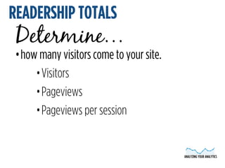 ANALYZING YOUR ANALYTICS 
READERSHIP TOTALS 
Determine… 
•how many visitors come to your site. 
•Visitors 
•Pageviews 
•Pa...