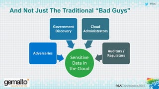 #RSAC
And Not Just The Traditional “Bad Guys"
Sensitive
Data in
the Cloud
Adversaries
Government
Discovery
Cloud
Administrators
Auditors /
Regulators
 