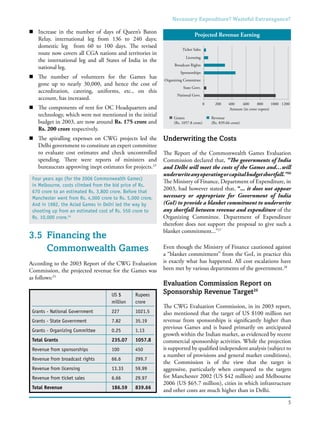 5
Necessary Expenditure? Wasteful Extravagance?
Underwriting the Costs
The Report of the Commonwealth Games Evaluation
Commission declared that, “The governments of India
and Delhi will meet the costs of the Games and…will
underwriteanyoperatingorcapitalbudgetshortfall.”26
The Ministry of Finance, Department of Expenditure, in
2003, had however stated that, “... it does not appear
necessary or appropriate for Government of India
(GoI) to provide a blanket commitment to underwrite
any shortfall between revenue and expenditure of the
Organizing Committee. Department of Expenditure
therefore does not support the proposal to give such a
blanket commitment...”27
Even though the Ministry of Finance cautioned against
a “blanket commitment” from the GoI, in practice this
is exactly what has happened. All cost escalations have
been met by various departments of the government.28
Evaluation Commission Report on
Sponsorship Revenue Target29
The CWG Evaluation Commission, in its 2003 report,
also mentioned that the target of US $100 million net
revenue from sponsorships is significantly higher than
previous Games and is based primarily on anticipated
growth within the Indian market, as evidenced by recent
commercial sponsorship activities. While the projection
is supported by qualified independent analysis (subject to
a number of provisions and general market conditions),
the Commission is of the view that the target is
aggressive, particularly when compared to the targets
for Manchester 2002 (US $42 million) and Melbourne
2006 (US $65.7 million), cities in which infrastructure
and other costs are much higher than in Delhi.
n	 Increase in the number of days of Queen’s Baton
Relay, international leg from 136 to 240 days;
domestic leg from 60 to 100 days. The revised
route now covers all CGA nations and territories in
the international leg and all States of India in the
national leg.
n	 The number of volunteers for the Games has
gone up to nearly 30,000, and hence the cost of
accreditation, catering, uniforms, etc., on this
account, has increased.
n	 The components of rent for OC Headquarters and
technology, which were not mentioned in the initial
budget in 2003, are now around Rs. 175 crore and
Rs. 200 crore respectively.
n	 The spiralling expenses on CWG projects led the
Delhi government to constitute an expert committee
to evaluate cost estimates and check uncontrolled
spending. There were reports of ministers and
bureaucrats approving inept estimates for projects.23
3.5	 Financing the
Commonwealth Games
According to the 2003 Report of the CWG Evaluation
Commission, the projected revenue for the Games was
as follows:25
Four years ago (for the 2006 Commonwealth Games)
in Melbourne, costs climbed from the bid price of Rs.
670 crore to an estimated Rs. 3,800 crore. Before that
Manchester went from Rs. 4,000 crore to Rs. 5,000 crore.
And in 1982, the Asiad Games in Delhi led the way by
shooting up from an estimated cost of Rs. 550 crore to
Rs. 10,000 crore.24
	 US $	 Rupees
	 million	 crore
Grants - National Government	 227	 1021.5
Grants - State Government	 7.82	 35.19
Grants - Organizing Committee	 0.25	 1.13
Total Grants	 235.07	 1057.8
Revenue from sponsorships	 100	 450
Revenue from broadcast rights	 66.6	 299.7
Revenue from licensing 	 13.33	 59.99
Revenue from ticket sales	 6.66	 29.97
Total Revenue	 186.59	 839.66
Ticket Sales
Broadcast Rights
Licensing
Sponsorships
Organizing Committee
State Govt.
National Govt.
0
Grants
(Rs. 1057.8 crore)
Revenue
(Rs. 839.66 crore)
200 400 600 800 1000 1200
Amount (in crore rupees)
Projected Revenue Earning
 