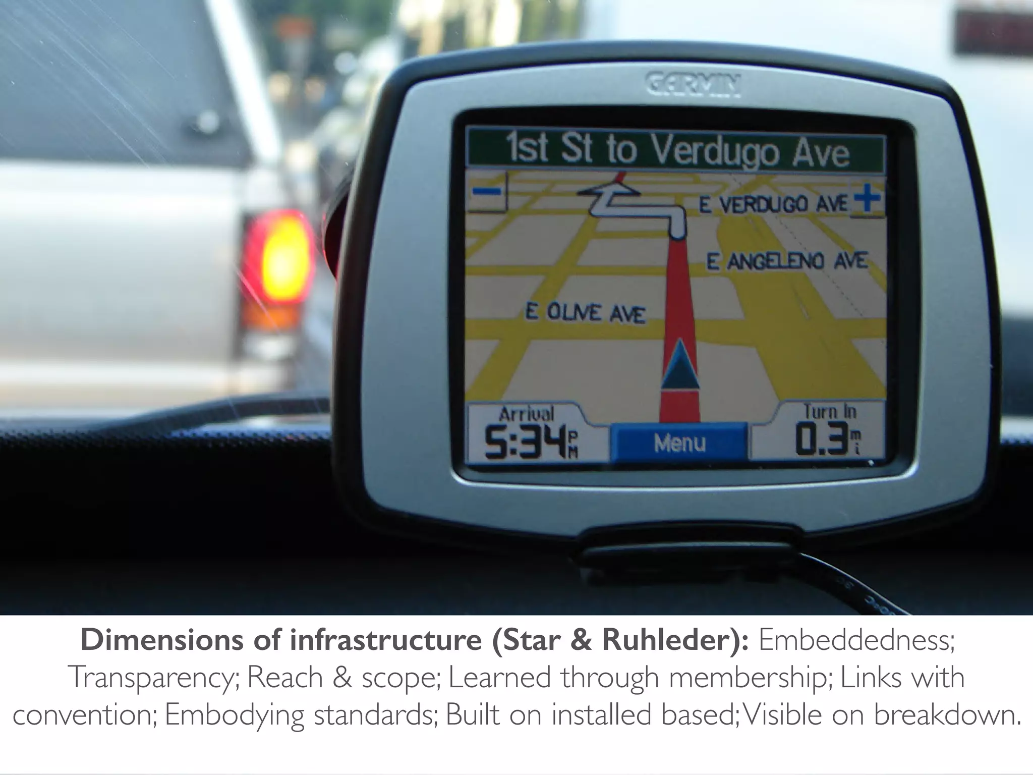 Dimensions of infrastructure (Star & Ruhleder): Embeddedness;
Transparency; Reach & scope; Learned through membership; Links with
convention; Embodying standards; Built on installed based;Visible on breakdown.
 