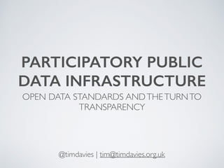 PARTICIPATORY PUBLIC
DATA INFRASTRUCTURE
OPEN DATA STANDARDS ANDTHETURNTO
TRANSPARENCY
@timdavies | tim@timdavies.org.uk
 