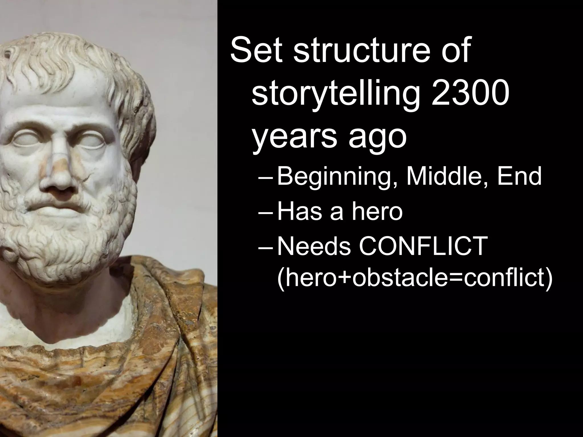 Set structure of
storytelling 2300
years ago
–Beginning, Middle, End
–Has a hero
–Needs CONFLICT
(hero+obstacle=conflict)
 