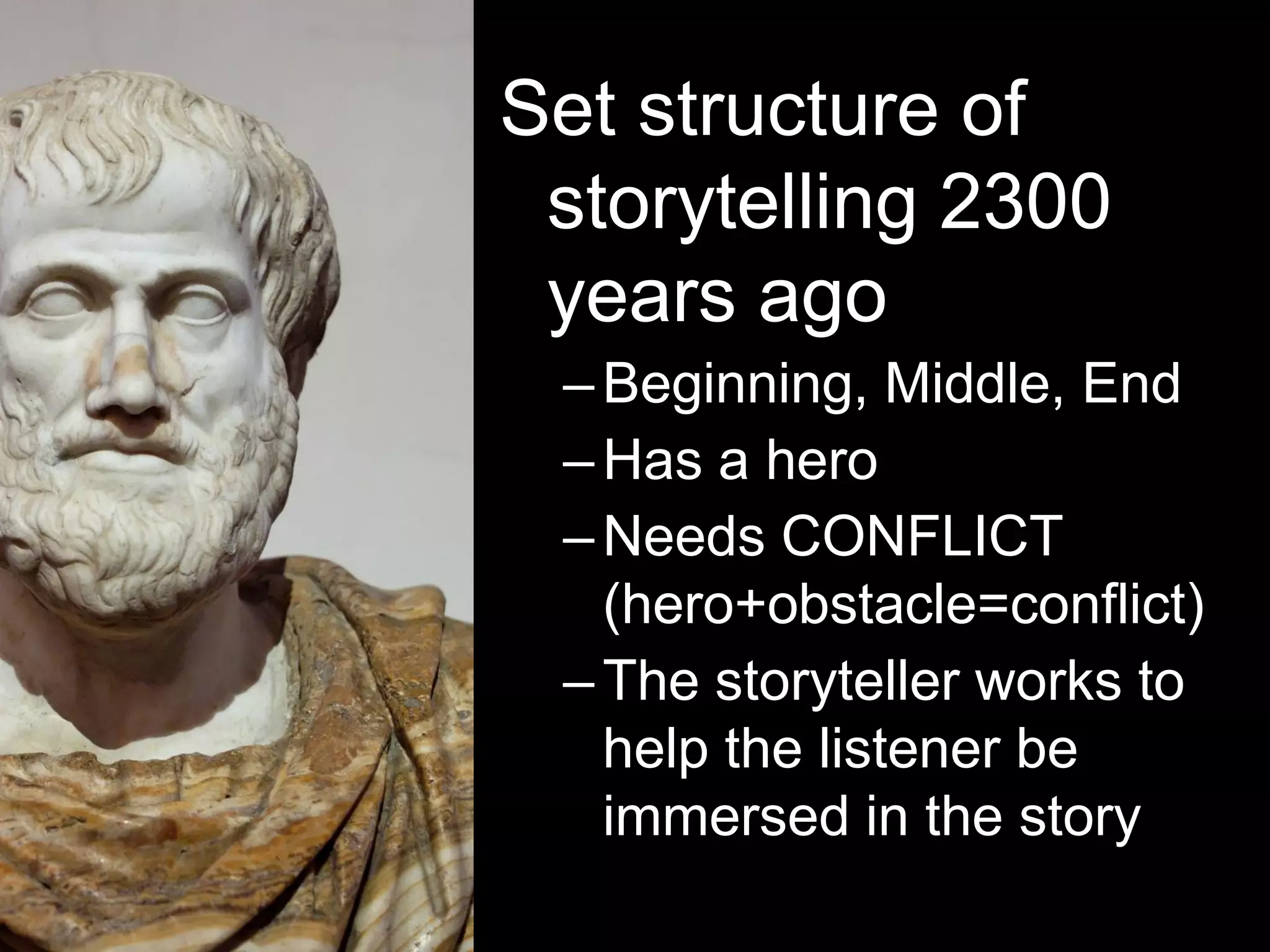Set structure of
storytelling 2300
years ago
–Beginning, Middle, End
–Has a hero
–Needs CONFLICT
(hero+obstacle=conflict)
–The storyteller works to
help the listener be
immersed in the story
 