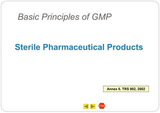 STOP
Annex 6. TRS 902, 2002
Basic Principles of GMP
Sterile Pharmaceutical Products
 