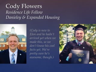 Cody Flowers
Residence Life Fellow
Danieley & Expanded Housing
(Cody is new to
Elon and he hadn’t
arrived yet when we
made this, so we
don’t know his cool
facts yet. We’re
pretty sure he’s
awesome, though.)
 