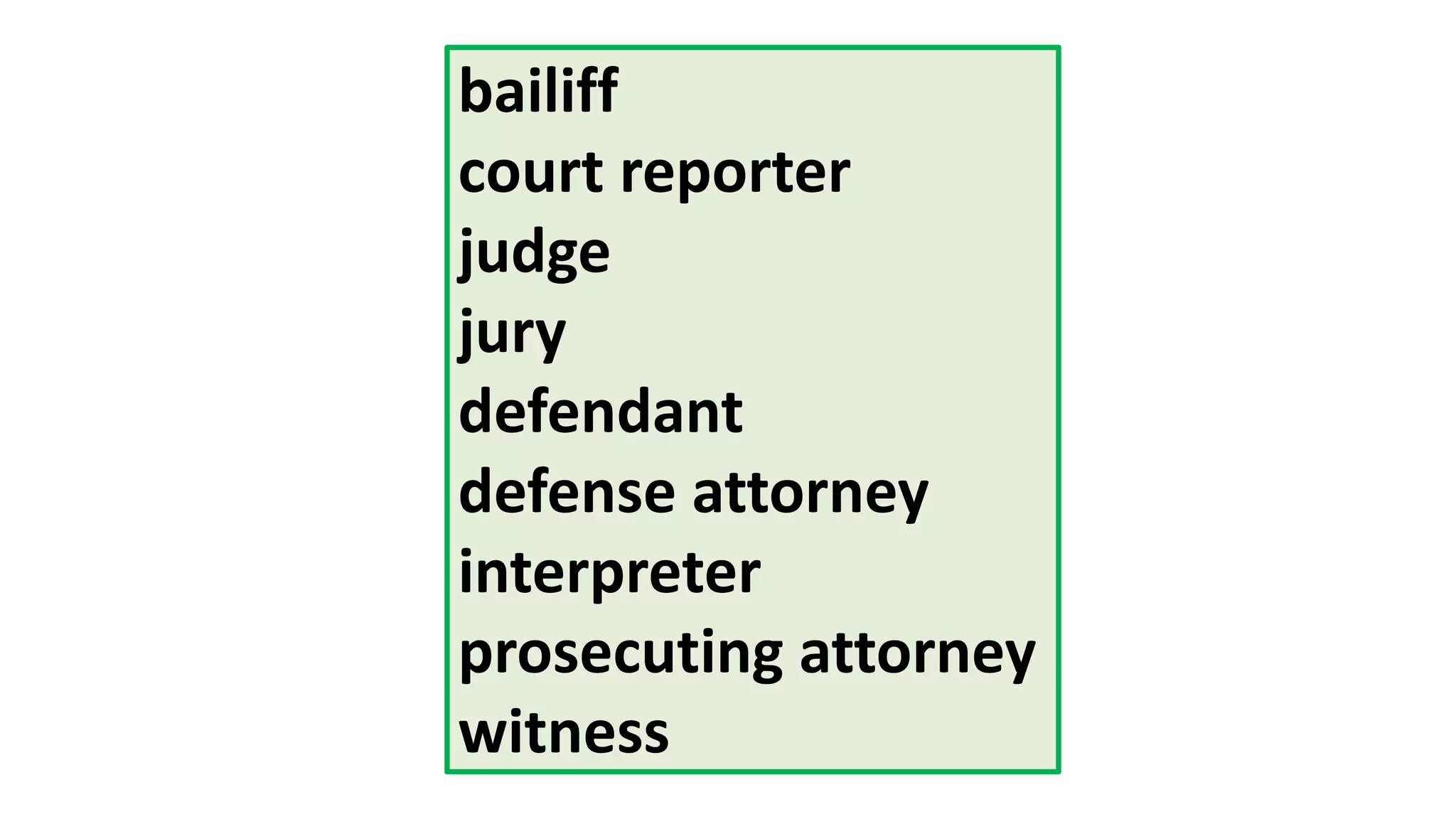 bailiff
court reporter
judge
jury
defendant
defense attorney
interpreter
prosecuting attorney
witness
 