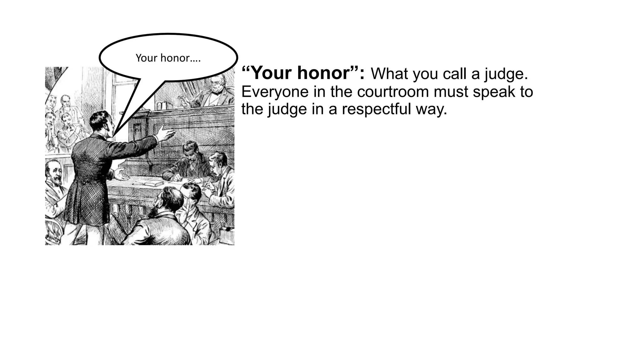 • “Your honor”: What you call a judge.
Everyone in the courtroom must speak to
the judge in a respectful way.
Your honor….
 