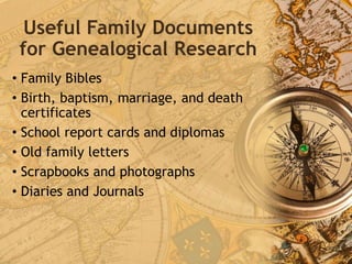 Useful Family Documents
for Genealogical Research
• Family Bibles
• Birth, baptism, marriage, and death
certificates
• School report cards and diplomas
• Old family letters
• Scrapbooks and photographs
• Diaries and Journals
 