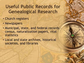 Useful Public Records for
Genealogical Research
• Church registers
• Newspapers
• Municipal, state, and federal records –
census, naturalization papers, vital
statistics
• Local and state archives, historical
societies, and libraries
 