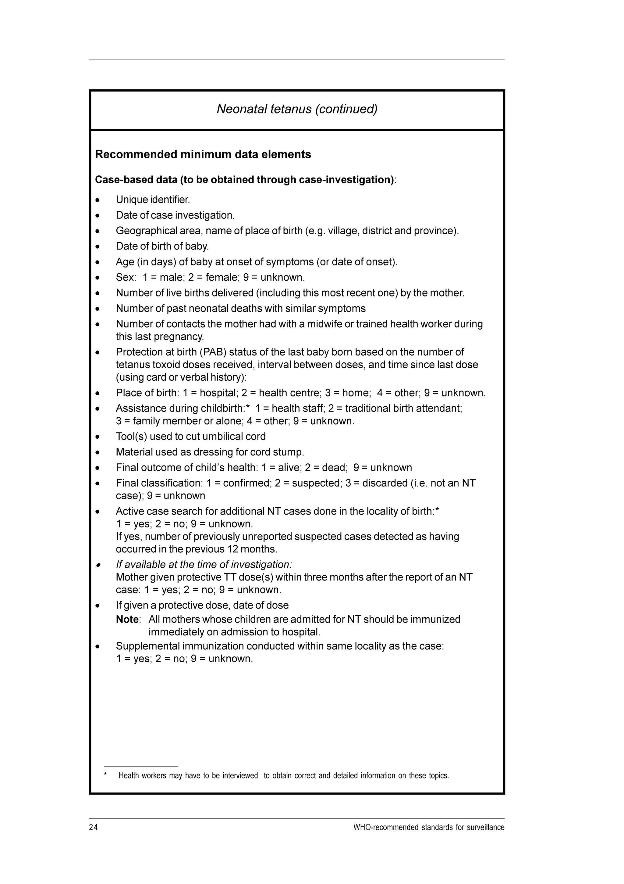 24 WHO-recommended standards for surveillance
Neonatal tetanus (continued)
Recommended minimum data elements
Case-based data (to be obtained through case-investigation):
· Unique identifier.
· Date of case investigation.
· Geographical area, name of place of birth (e.g. village, district and province).
· Date of birth of baby.
· Age (in days) of baby at onset of symptoms (or date of onset).
· Sex: 1 = male; 2 = female; 9 = unknown.
· Number of live births delivered (including this most recent one) by the mother.
· Number of past neonatal deaths with similar symptoms
· Number of contacts the mother had with a midwife or trained health worker during
this last pregnancy.
· Protection at birth (PAB) status of the last baby born based on the number of
tetanus toxoid doses received, interval between doses, and time since last dose
(using card or verbal history):
· Place of birth: 1 = hospital; 2 = health centre; 3 = home; 4 = other; 9 = unknown.
· Assistance during childbirth:* 1 = health staff; 2 = traditional birth attendant;
3 = family member or alone; 4 = other; 9 = unknown.
· Tool(s) used to cut umbilical cord
· Material used as dressing for cord stump.
· Final outcome of child’s health: 1 = alive; 2 = dead; 9 = unknown
· Final classification: 1 = confirmed; 2 = suspected; 3 = discarded (i.e. not an NT
case); 9 = unknown
· Active case search for additional NT cases done in the locality of birth:*
1 = yes; 2 = no; 9 = unknown.
If yes, number of previously unreported suspected cases detected as having
occurred in the previous 12 months.
· If available at the time of investigation:
Mother given protective TT dose(s) within three months after the report of an NT
case: 1 = yes; 2 = no; 9 = unknown.
· If given a protective dose, date of dose
Note: All mothers whose children are admitted for NT should be immunized
immediately on admission to hospital.
· Supplemental immunization conducted within same locality as the case:
1 = yes; 2 = no; 9 = unknown.
* Health workers may have to be interviewed to obtain correct and detailed information on these topics.
 