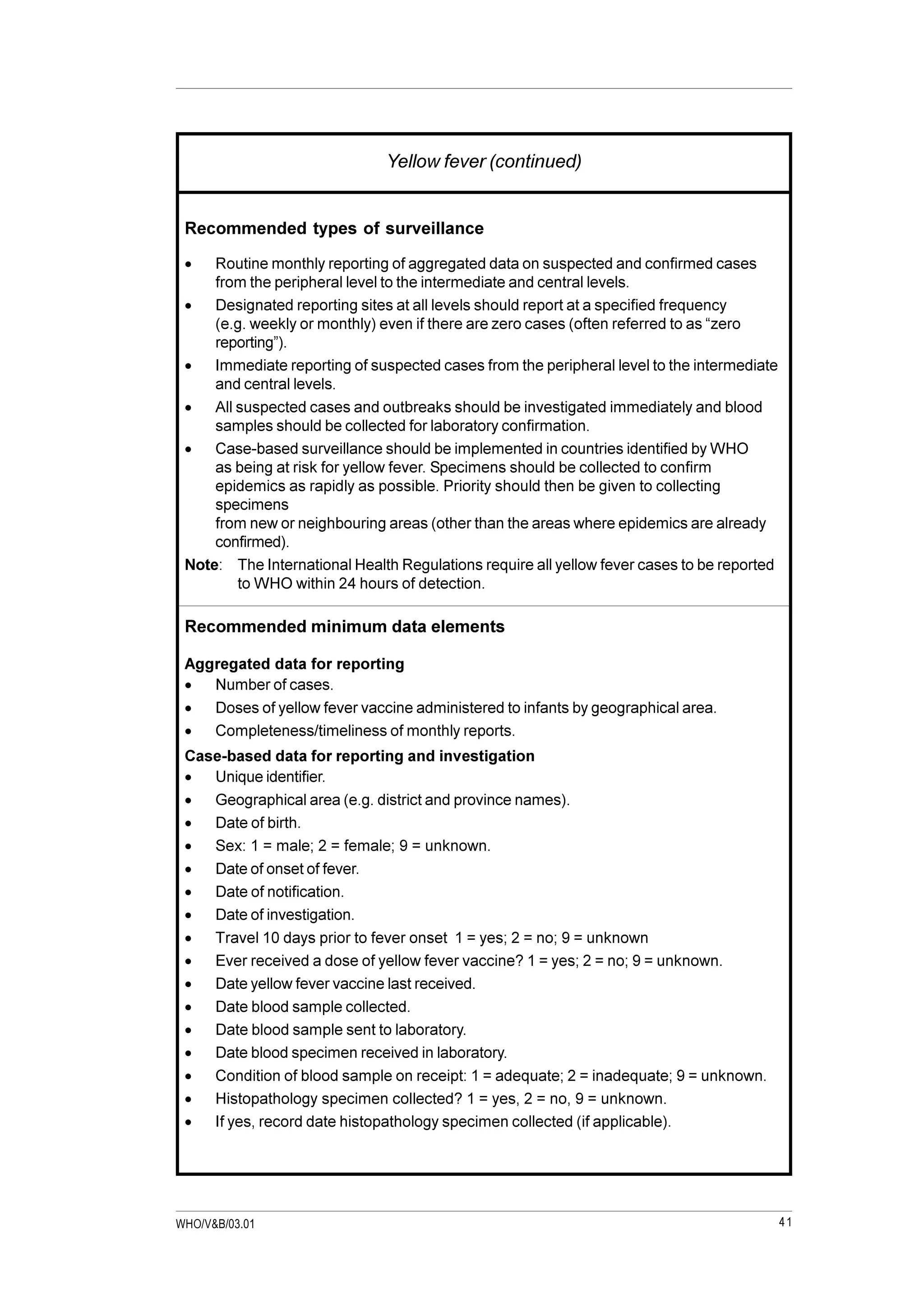 41WHO/V&B/03.01
Yellow fever (continued)
Recommended types of surveillance
· Routine monthly reporting of aggregated data on suspected and confirmed cases
from the peripheral level to the intermediate and central levels.
· Designated reporting sites at all levels should report at a specified frequency
(e.g. weekly or monthly) even if there are zero cases (often referred to as “zero
reporting”).
· Immediate reporting of suspected cases from the peripheral level to the intermediate
and central levels.
· All suspected cases and outbreaks should be investigated immediately and blood
samples should be collected for laboratory confirmation.
· Case-based surveillance should be implemented in countries identified by WHO
as being at risk for yellow fever. Specimens should be collected to confirm
epidemics as rapidly as possible. Priority should then be given to collecting
specimens
from new or neighbouring areas (other than the areas where epidemics are already
confirmed).
Note: The International Health Regulations require all yellow fever cases to be reported
to WHO within 24 hours of detection.
Recommended minimum data elements
Aggregated data for reporting
· Number of cases.
· Doses of yellow fever vaccine administered to infants by geographical area.
· Completeness/timeliness of monthly reports.
Case-based data for reporting and investigation
· Unique identifier.
· Geographical area (e.g. district and province names).
· Date of birth.
· Sex: 1 = male; 2 = female; 9 = unknown.
· Date of onset of fever.
· Date of notification.
· Date of investigation.
· Travel 10 days prior to fever onset 1 = yes; 2 = no; 9 = unknown
· Ever received a dose of yellow fever vaccine? 1 = yes; 2 = no; 9 = unknown.
· Date yellow fever vaccine last received.
· Date blood sample collected.
· Date blood sample sent to laboratory.
· Date blood specimen received in laboratory.
· Condition of blood sample on receipt: 1 = adequate; 2 = inadequate; 9 = unknown.
· Histopathology specimen collected? 1 = yes, 2 = no, 9 = unknown.
· If yes, record date histopathology specimen collected (if applicable).
 