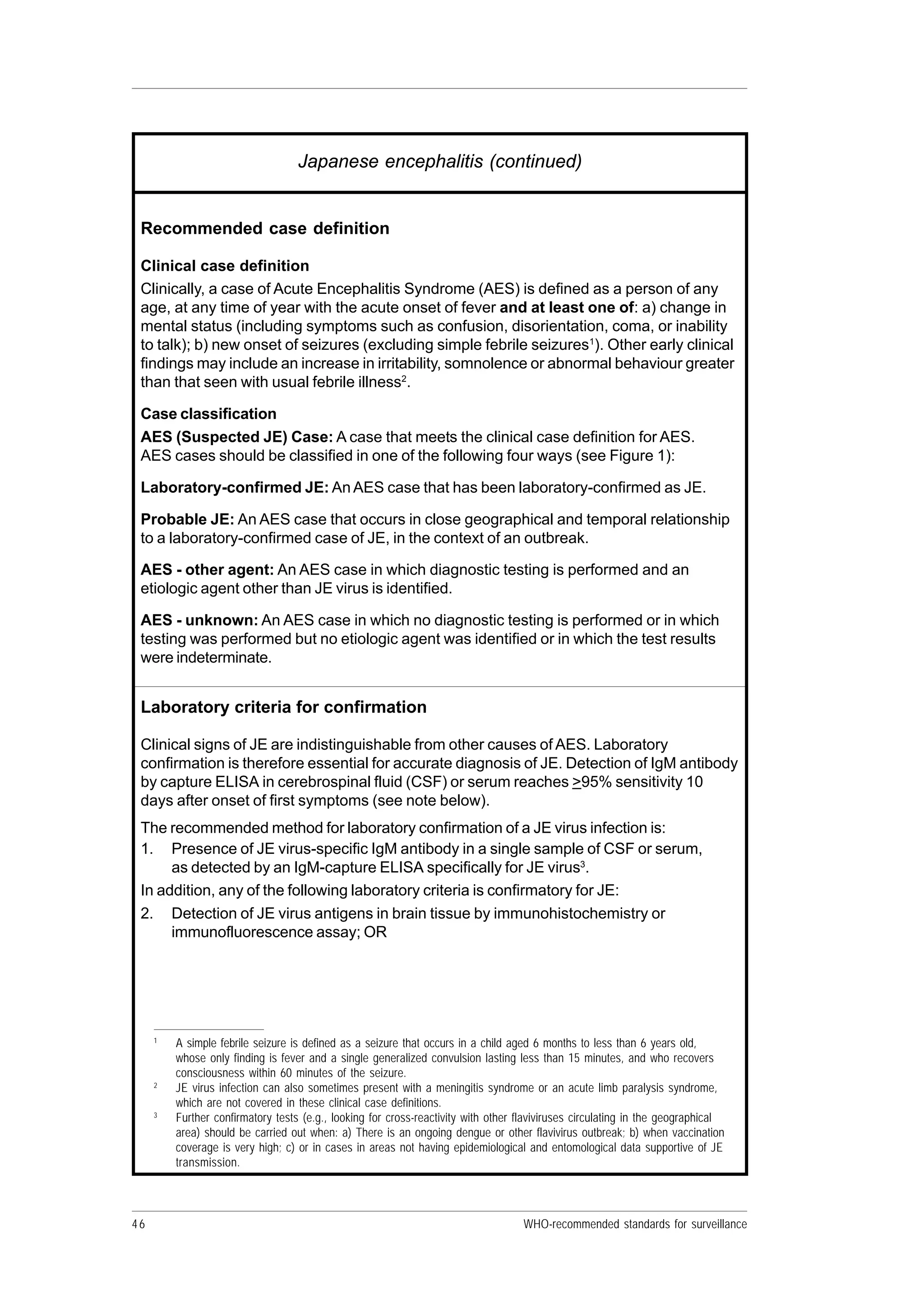 46 WHO-recommended standards for surveillance
Japanese encephalitis (continued)
Recommended case definition
Clinical case definition
Clinically, a case of Acute Encephalitis Syndrome (AES) is defined as a person of any
age, at any time of year with the acute onset of fever and at least one of: a) change in
mental status (including symptoms such as confusion, disorientation, coma, or inability
to talk); b) new onset of seizures (excluding simple febrile seizures1
). Other early clinical
findings may include an increase in irritability, somnolence or abnormal behaviour greater
than that seen with usual febrile illness2
.
Case classification
AES (Suspected JE) Case: A case that meets the clinical case definition for AES.
AES cases should be classified in one of the following four ways (see Figure 1):
Laboratory-confirmed JE: An AES case that has been laboratory-confirmed as JE.
Probable JE: An AES case that occurs in close geographical and temporal relationship
to a laboratory-confirmed case of JE, in the context of an outbreak.
AES - other agent: An AES case in which diagnostic testing is performed and an
etiologic agent other than JE virus is identified.
AES - unknown: An AES case in which no diagnostic testing is performed or in which
testing was performed but no etiologic agent was identified or in which the test results
were indeterminate.
Laboratory criteria for confirmation
Clinical signs of JE are indistinguishable from other causes of AES. Laboratory
confirmation is therefore essential for accurate diagnosis of JE. Detection of IgM antibody
by capture ELISA in cerebrospinal fluid (CSF) or serum reaches >95% sensitivity 10
days after onset of first symptoms (see note below).
The recommended method for laboratory confirmation of a JE virus infection is:
1. Presence of JE virus-specific IgM antibody in a single sample of CSF or serum,
as detected by an IgM-capture ELISA specifically for JE virus3
.
In addition, any of the following laboratory criteria is confirmatory for JE:
2. Detection of JE virus antigens in brain tissue by immunohistochemistry or
immunofluorescence assay; OR
1
A simple febrile seizure is defined as a seizure that occurs in a child aged 6 months to less than 6 years old,
whose only finding is fever and a single generalized convulsion lasting less than 15 minutes, and who recovers
consciousness within 60 minutes of the seizure.
2
JE virus infection can also sometimes present with a meningitis syndrome or an acute limb paralysis syndrome,
which are not covered in these clinical case definitions.
3
Further confirmatory tests (e.g., looking for cross-reactivity with other flaviviruses circulating in the geographical
area) should be carried out when: a) There is an ongoing dengue or other flavivirus outbreak; b) when vaccination
coverage is very high; c) or in cases in areas not having epidemiological and entomological data supportive of JE
transmission.
 