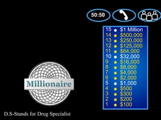 50:50

                                         15   $1 Million
                                         14   $500,000
                                         13   $250,000
                                         12   $125,000
                                         11   $64,000
                                         10   $32,000
                                         9    $16,000
                                         8    $8,000
                                         7    $4,000
                                         6    $2,000
                                         5    $1,000
                                         4    $500
                                         3    $300
                                         2    $200
                                         1    $100
D.S-Stands for Drug Specialist
 