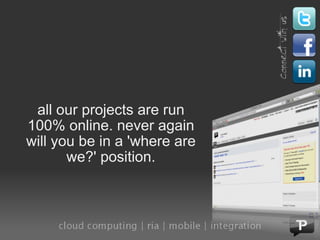 all our projects are run 100% online. never again will you be in a 'where are we?' position. 