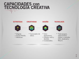 CAPACIDADES con
TECNOLOGÍA CREATIVA

ESTRATEGIA

Digital.
Social Media.
Métricas.

CREATIVIDAD

Generador de
ideas.

DISEÑO

User
Experience.
Diseño web y
Mobile.
Contenidos.

TECNOLOGÍA

Videojuegos,
aplicaciones
online y móviles
iOS, Android y
Win 8.

 