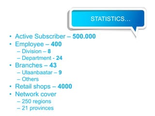 STATISTICS…

• Active Subscriber – 500.000
• Employee – 400
  – Division – 8
  – Department - 24
• Branches – 43
  – Ulaanbaatar – 9
  – Others
• Retail shops – 4000
• Network cover
  – 250 regions
  – 21 provinces
 