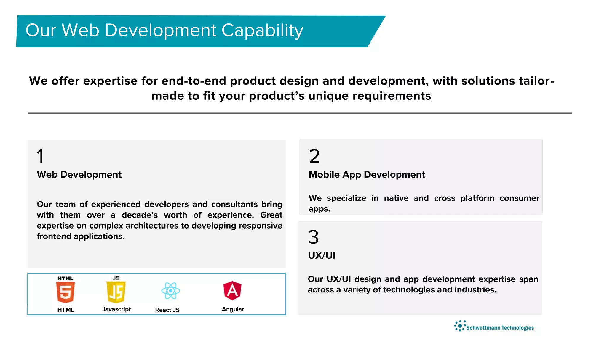 1
Web Development
Our team of experienced developers and consultants bring
with them over a decade’s worth of experience. Great
expertise on complex architectures to developing responsive
frontend applications.
2
Mobile App Development
We specialize in native and cross platform consumer
apps.
We offer expertise for end-to-end product design and development, with solutions tailor-
made to fit your product’s unique requirements
HTML Javascript React JS Angular
3
UX/UI
Our UX/UI design and app development expertise span
across a variety of technologies and industries.
 