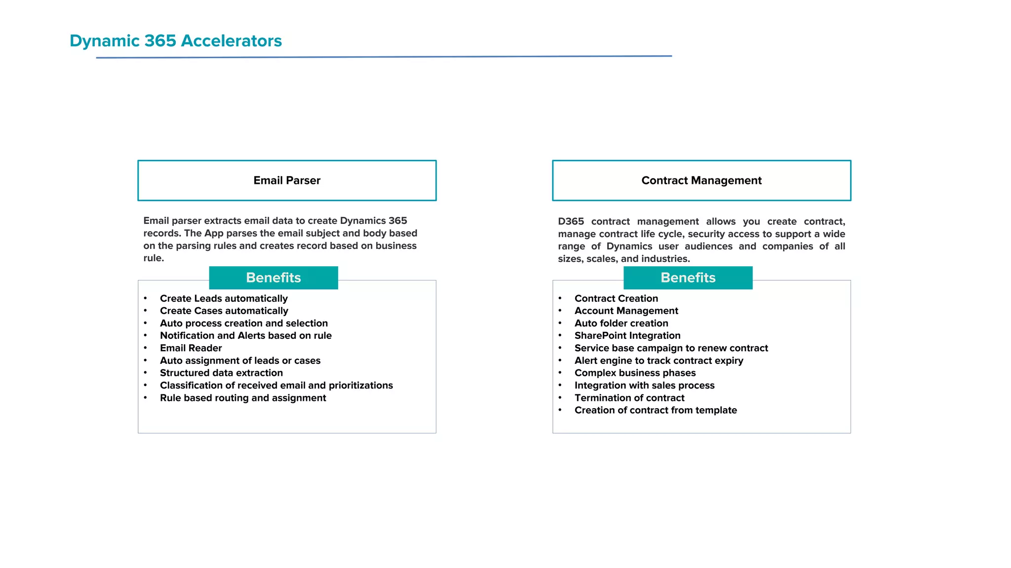 Dynamic 365 Accelerators
Email parser extracts email data to create Dynamics 365
records. The App parses the email subject and body based
on the parsing rules and creates record based on business
rule.
• Create Leads automatically
• Create Cases automatically
• Auto process creation and selection
• Notification and Alerts based on rule
• Email Reader
• Auto assignment of leads or cases
• Structured data extraction
• Classification of received email and prioritizations
• Rule based routing and assignment
Benefits
Email Parser
D365 contract management allows you create contract,
manage contract life cycle, security access to support a wide
range of Dynamics user audiences and companies of all
sizes, scales, and industries.
• Contract Creation
• Account Management
• Auto folder creation
• SharePoint Integration
• Service base campaign to renew contract
• Alert engine to track contract expiry
• Complex business phases
• Integration with sales process
• Termination of contract
• Creation of contract from template
Benefits
Contract Management
 