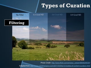 Filtering
Adapted from http://www.rohitbhargava.com/2011/03/the-5-models-of-content-curation.html
Photo Credit: http://www...